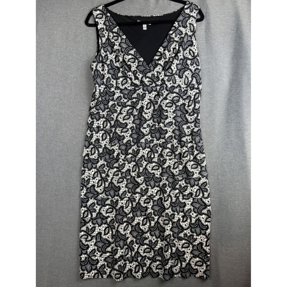 London Style Collection Black White Lace V-Neck Sheath Dress Size 12 Tiered